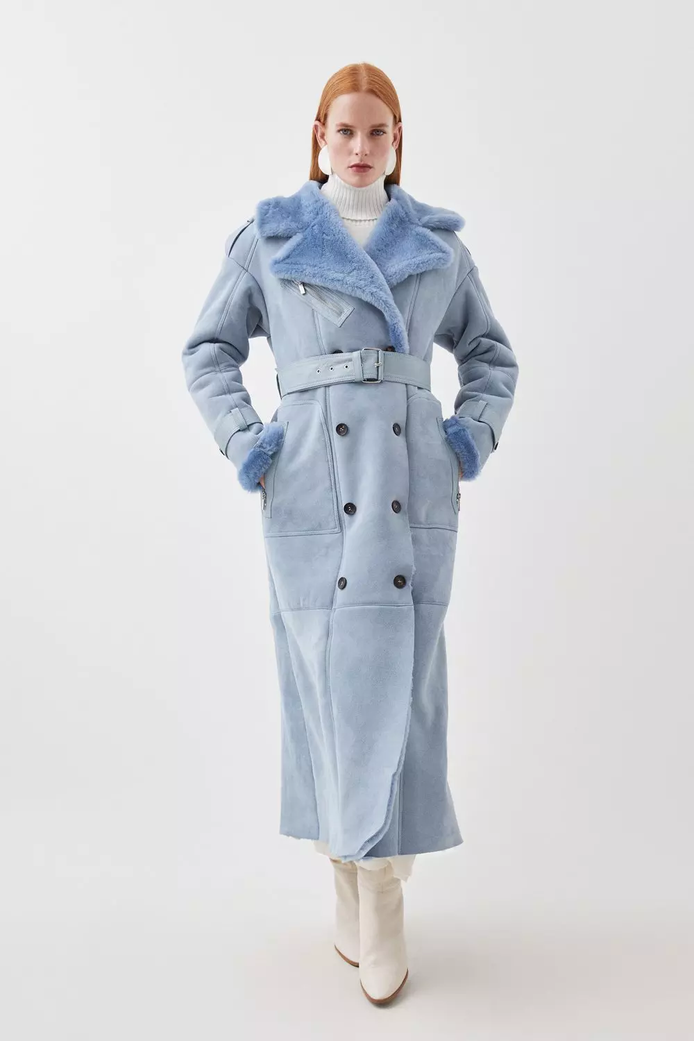 Shearling Double Breasted Belted Maxi Coat Karen Millen